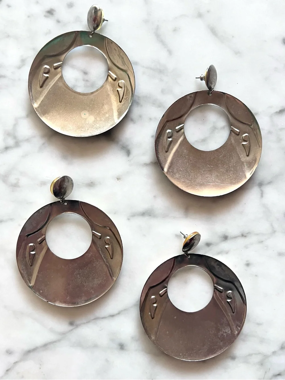 Vintage 80s Geometric Enamel Drop Hoop Earrings Post Modern Art Deco (Set of 2)